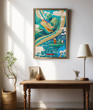 Colorful dragon and child illustration with vibrant waves and clouds