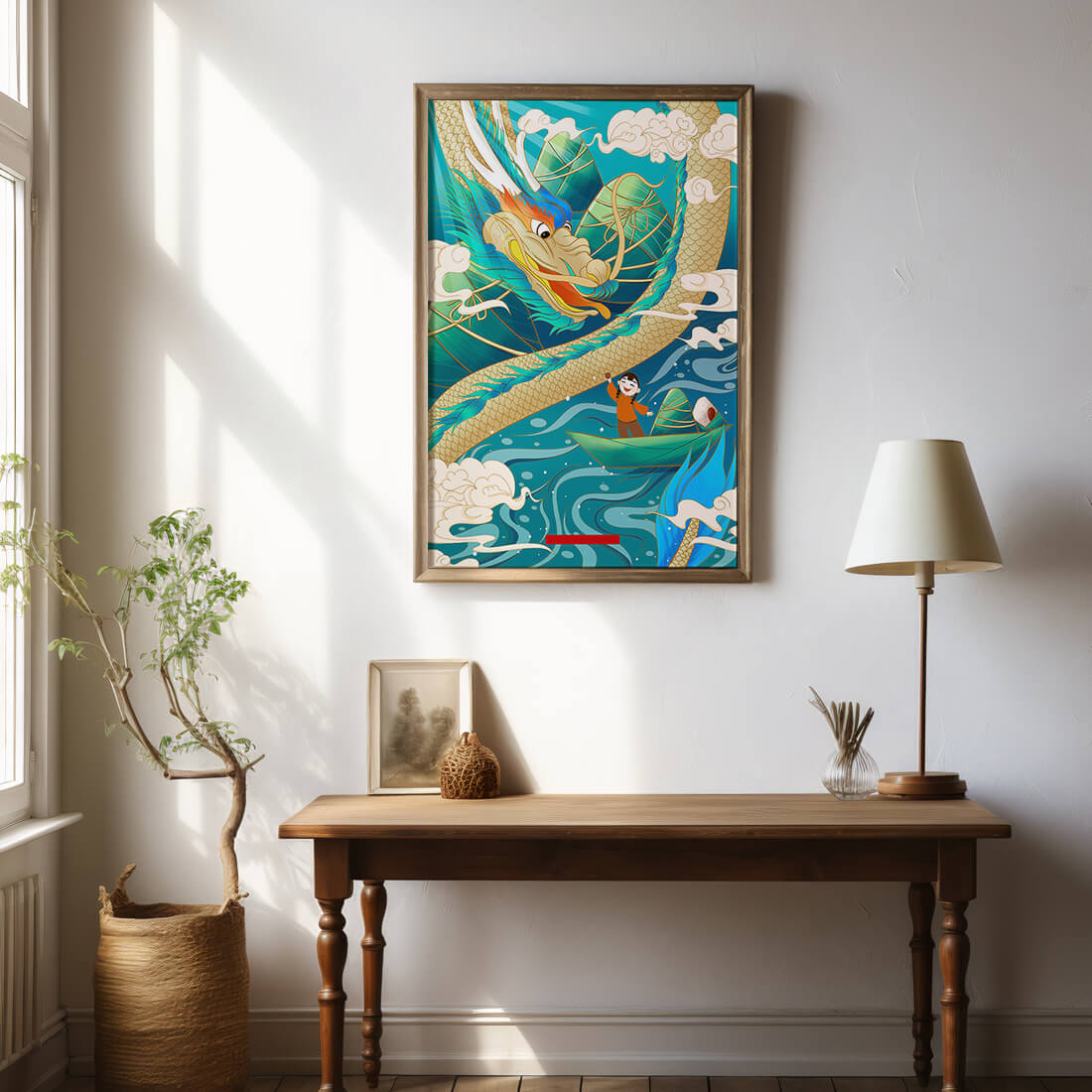 Colorful dragon and child illustration with vibrant waves and clouds