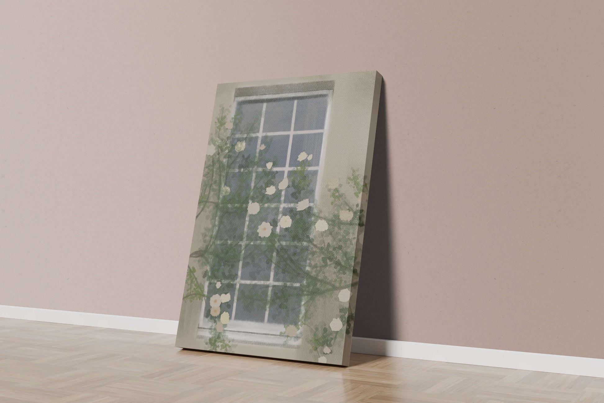 Floral Window with Climbing Roses in a Tranquil Setting