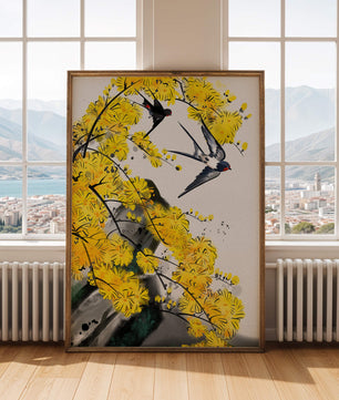 Representación artística de golondrinas entre flores amarillas vibrantes