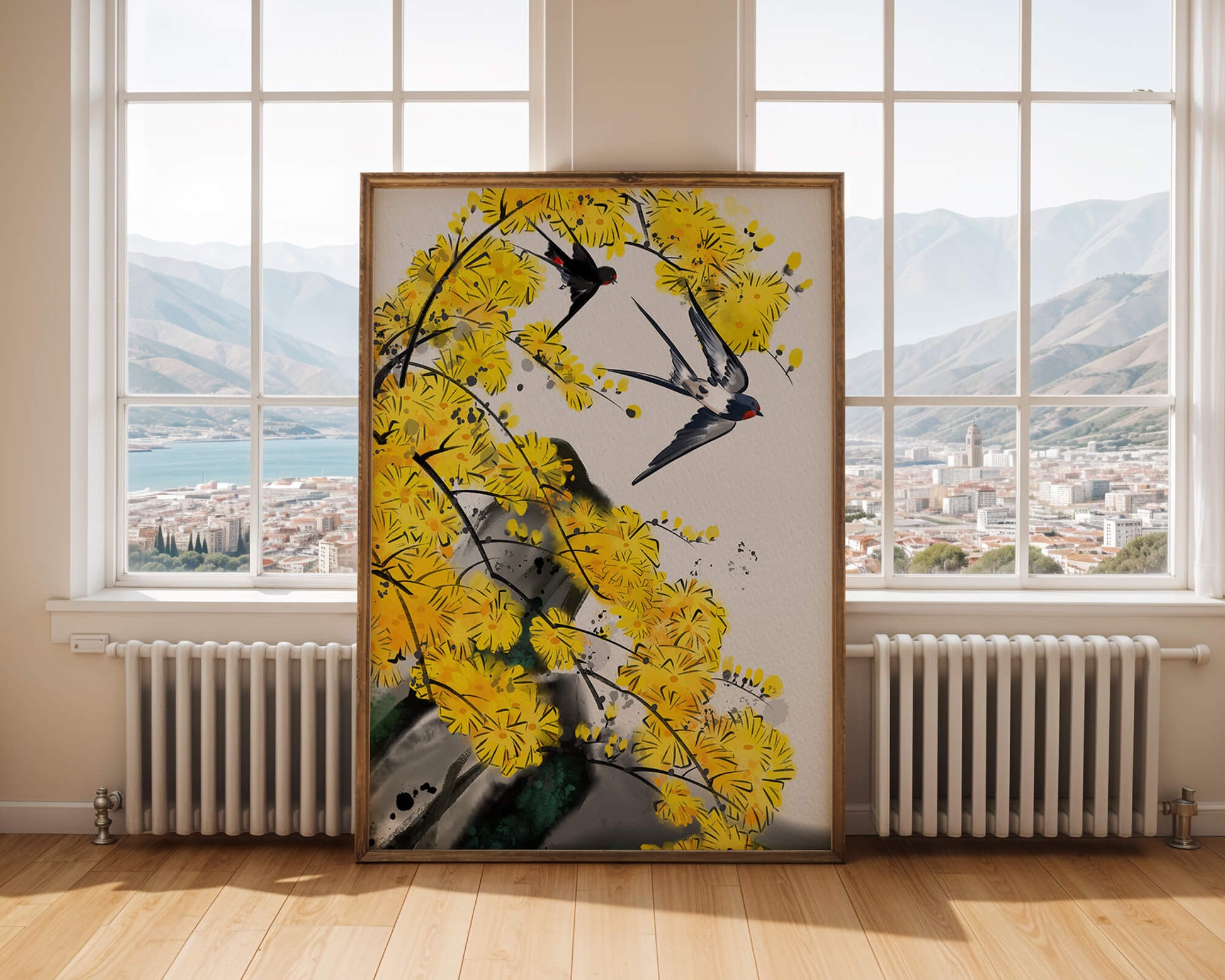 Artistic depiction of swallows amid vibrant yellow blossoms