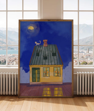 Charmantes nächtliches Haus mit einer Katze auf dem Dach unter dem Mond 