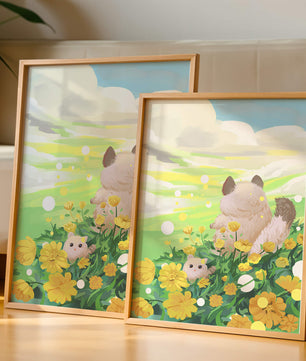 Whimsical Scene of Fluffy Cat and Kitten Among Yellow Flowers
