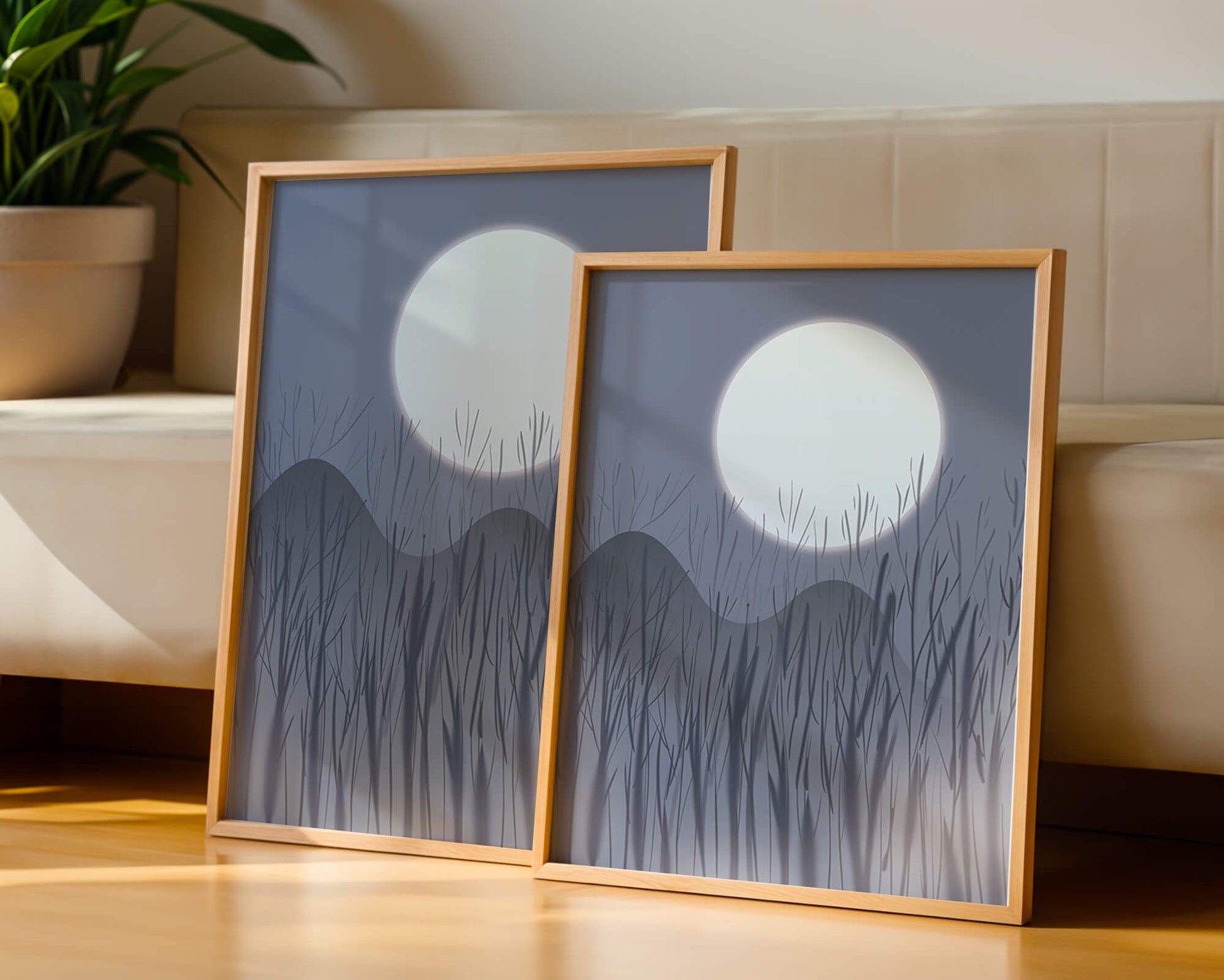 Ruhige Nachtlandschaft mit Vollmond und kahlen Bäumen