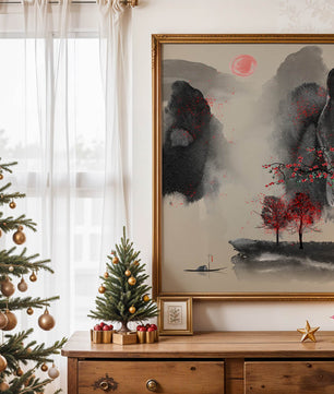 Serene landscape with red foliage and misty mountains