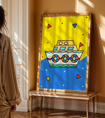 Colorful boat illustration with cartoon elements