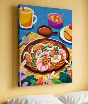Escena ilustrativa de desayuno colorida con pasta y bebidas