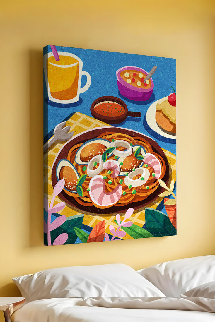 Colorful Illustrative Breakfast Scene with Pasta and Drinks
