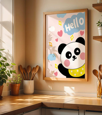 Panda illustration with playful elements and pastel colors