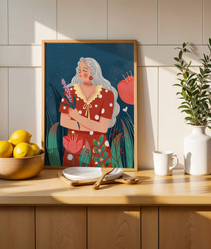 Serene illustration of a woman with flowers under a starry night sky