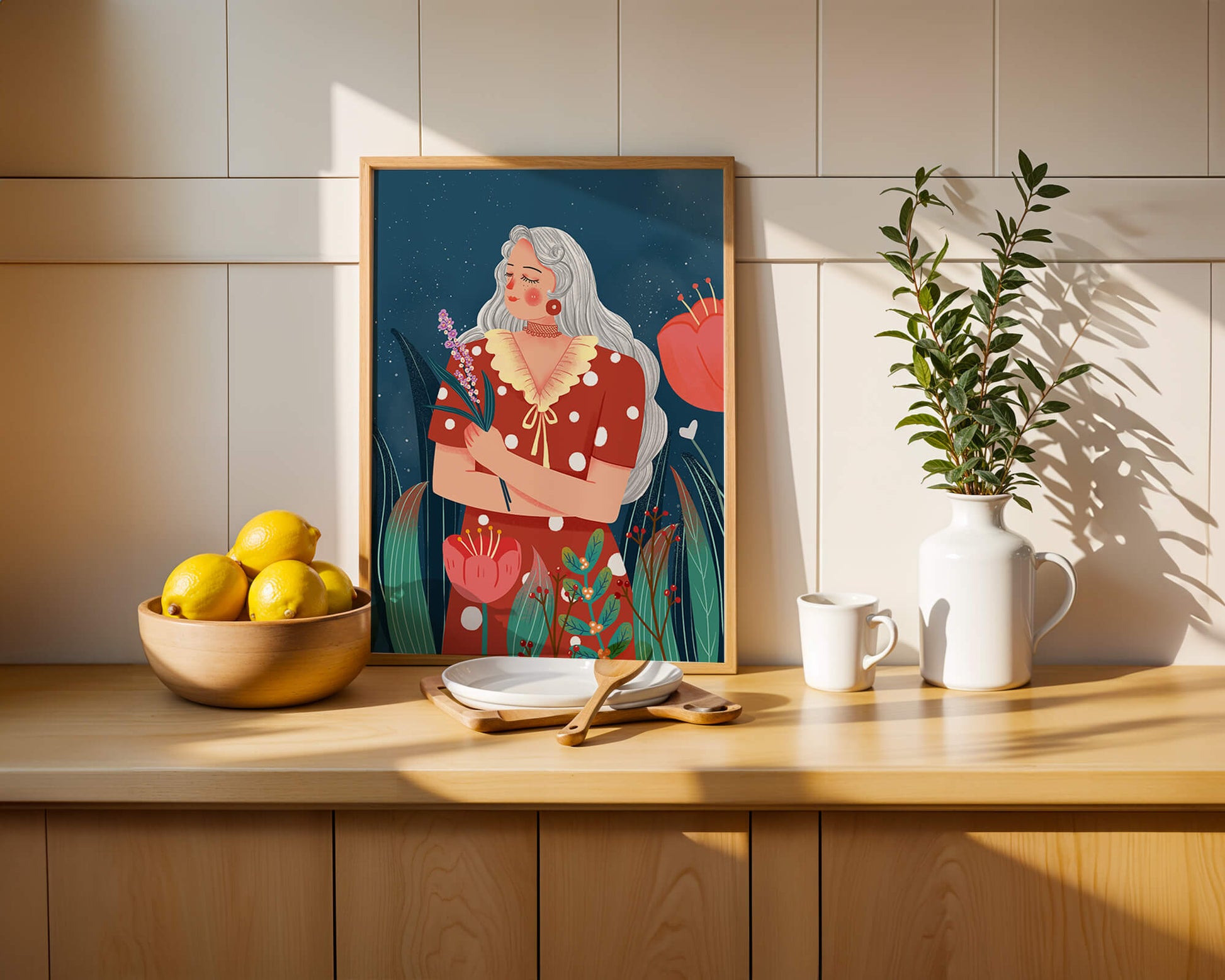 Serene illustration of a woman with flowers under a starry night sky