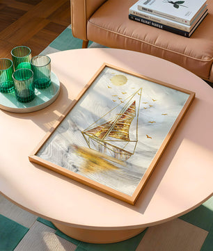 Elegant sailboat with gold elements against a textured sky