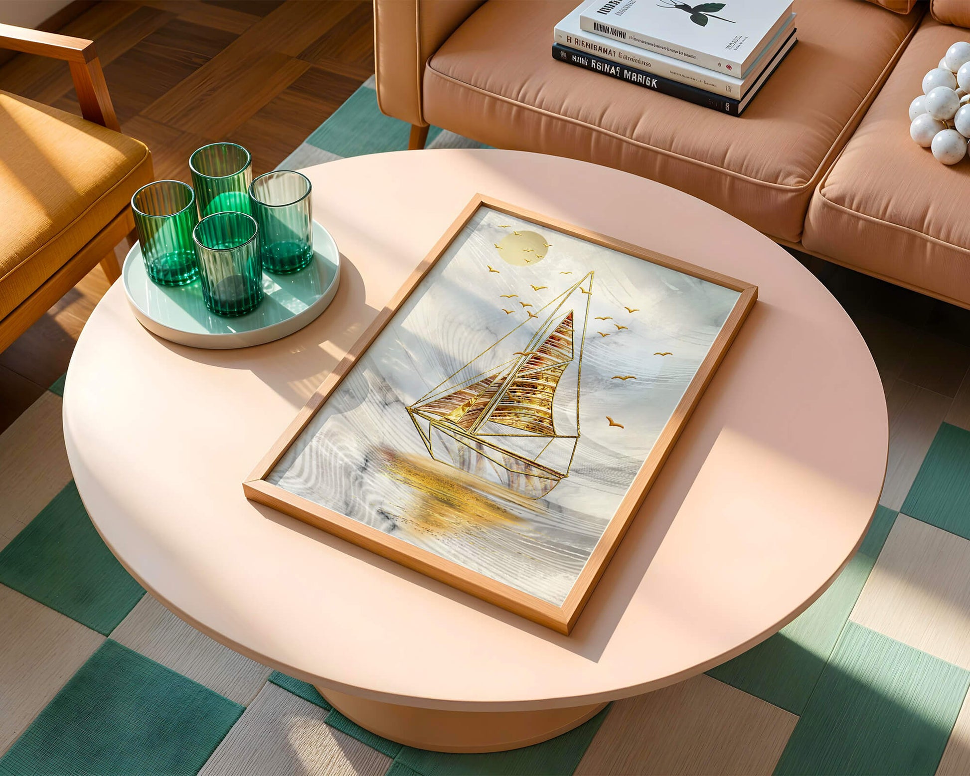 Elegant sailboat with gold elements against a textured sky