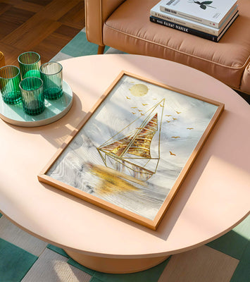 Elegant sailboat with gold elements against a textured sky