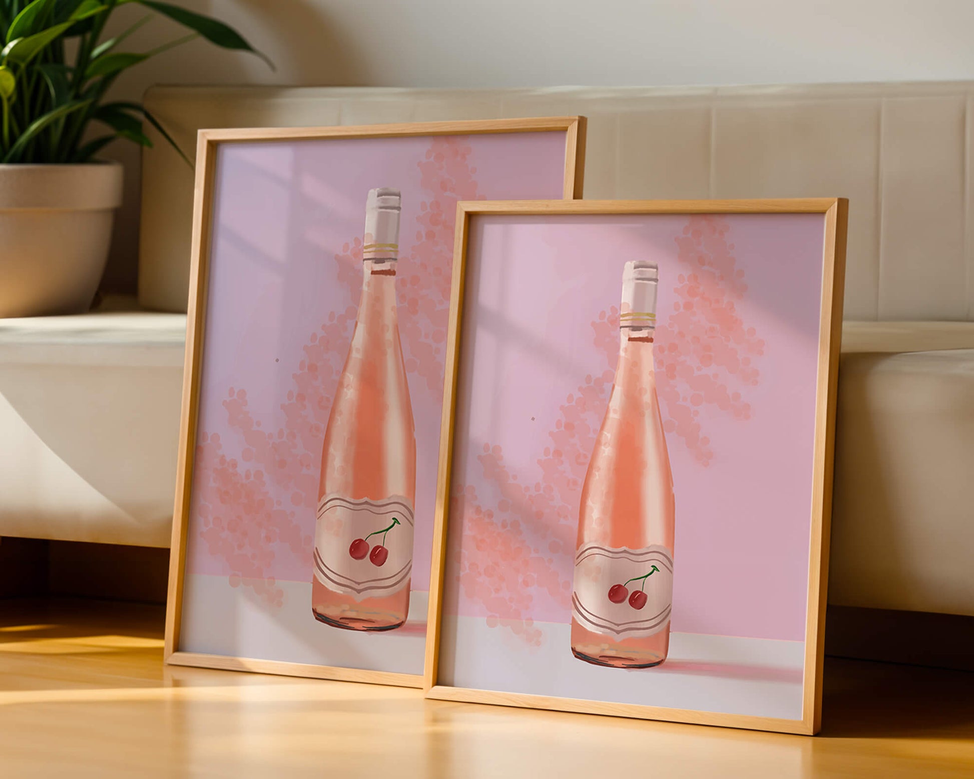 Illustrated wine bottle with a cherry label on pink background