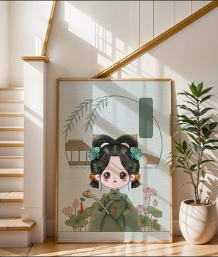 Charming illustration of a cute character in traditional Asian attire with floral elements