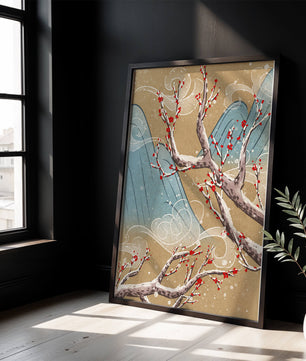 Traditional Japanese landscape with blooming cherry branches