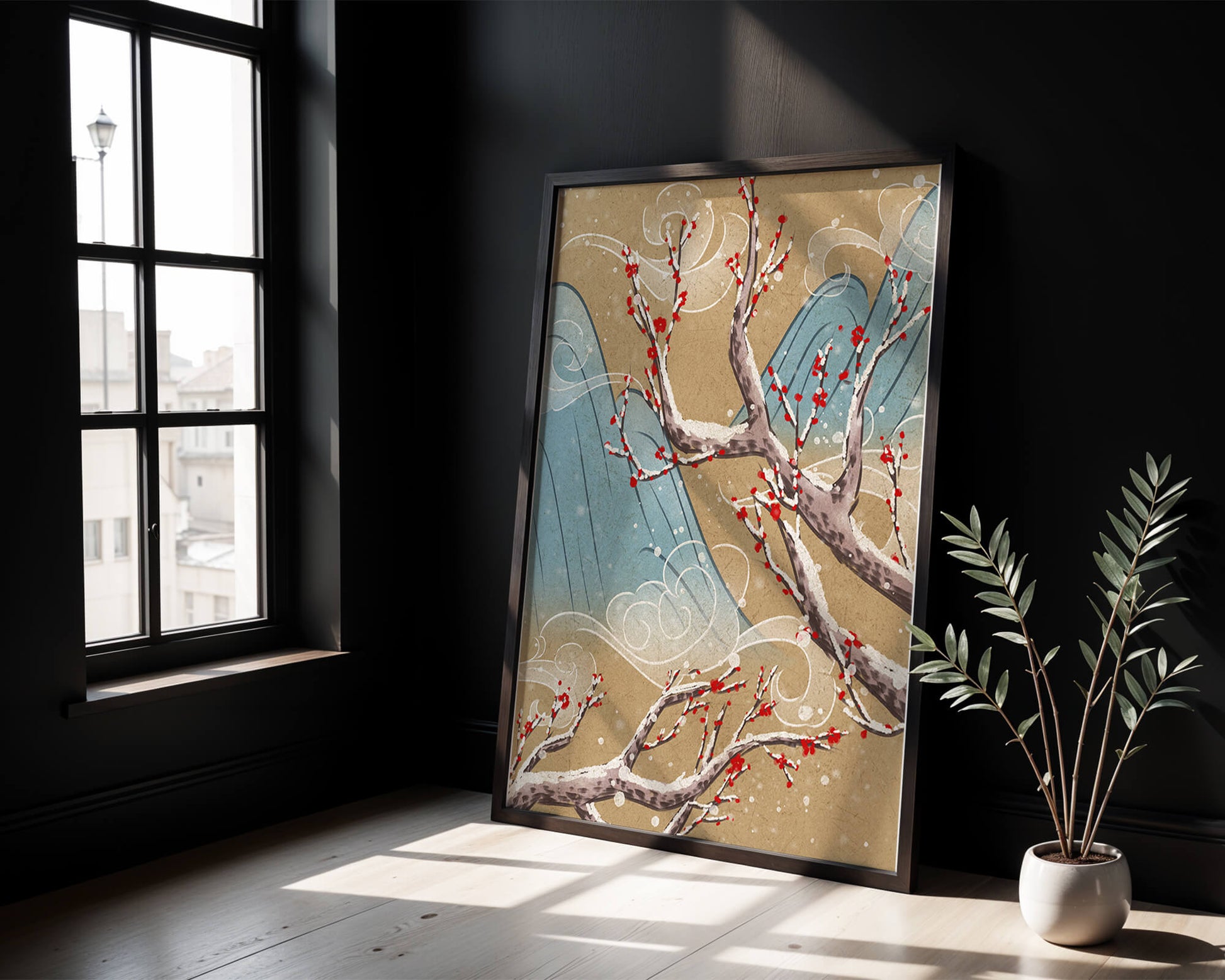 Traditional Japanese landscape with blooming cherry branches