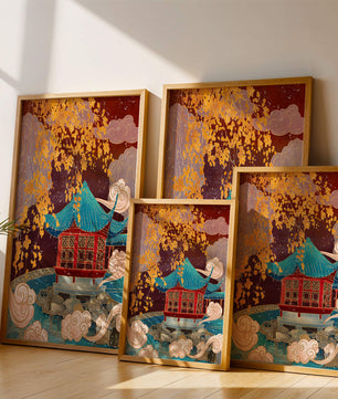 Traditional Chinese Pavilion with Gold Leaves and Clouds
