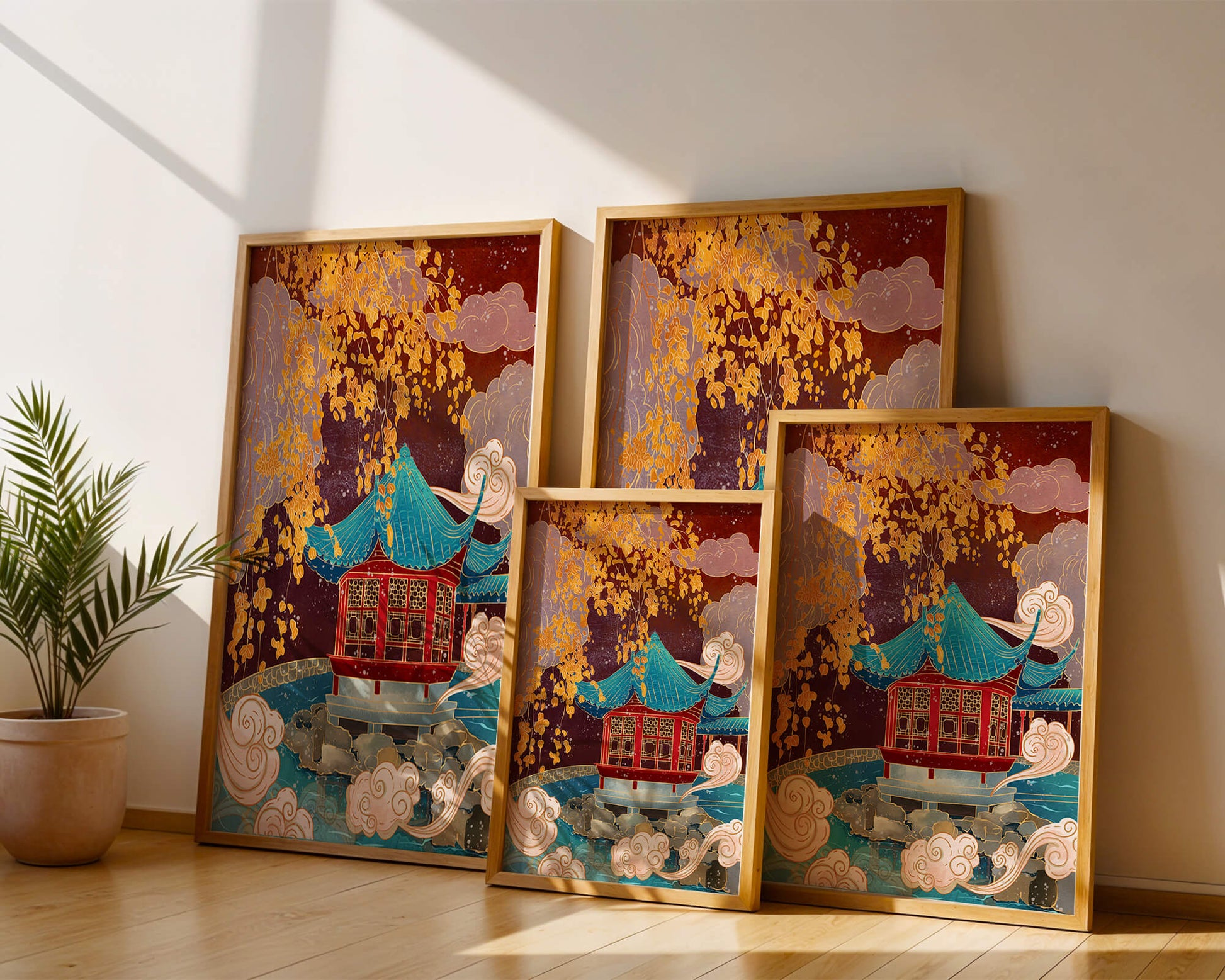 Pabellón chino tradicional con hojas doradas y nubes