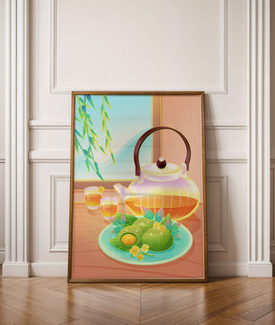 Tea set with green treats and bamboo leaves in serene setting
