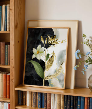 Diseño floral abstracto con detalles dorados y oscuros