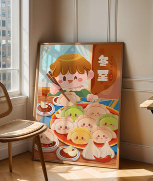 Festive cartoon illustration of a child enjoying dumplings during winter solstice
