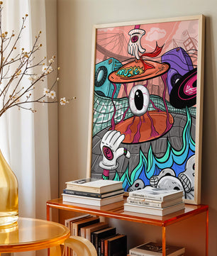 Ilustración abstracta surrealista colorida con un ojo vívido y elementos surrealistas