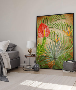 Colorful botanical illustration with tropical leaves on textured background
