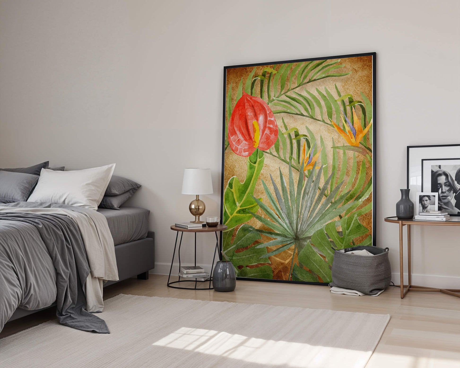 Colorful botanical illustration with tropical leaves on textured background
