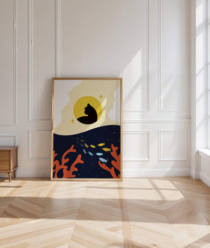 Ruhiges abstraktes Design mit Katzensilhouette und lebendiger Unterwasserszene