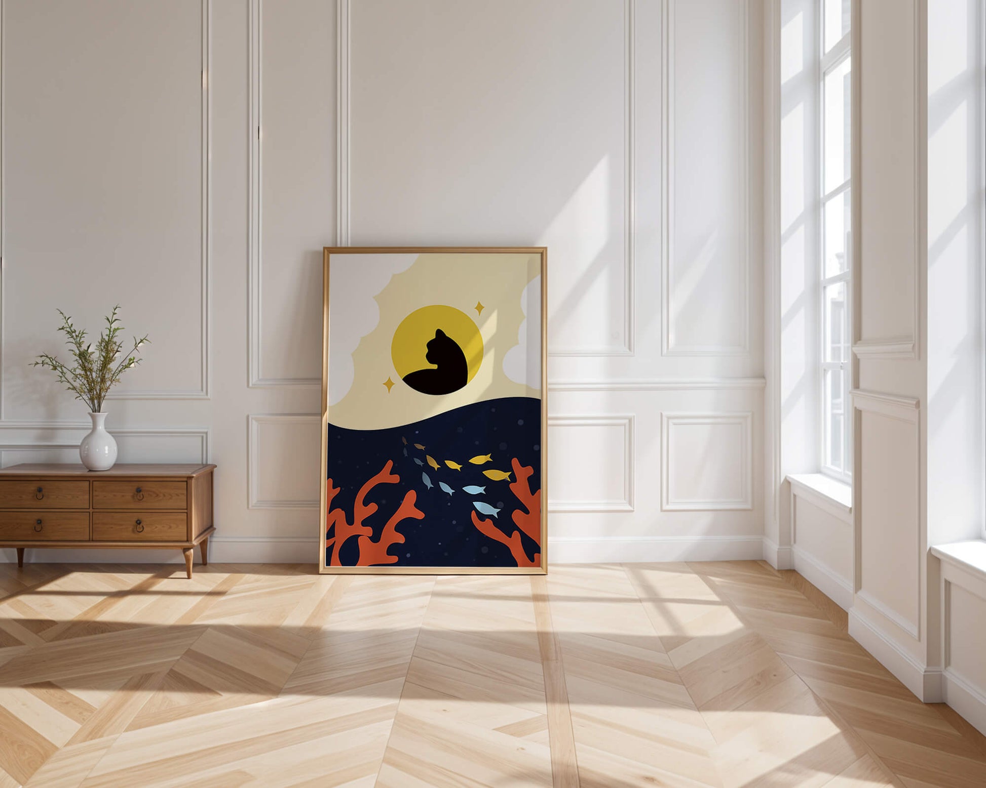 Ruhiges abstraktes Design mit Katzensilhouette und lebendiger Unterwasserszene