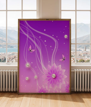 Design floral violet rêveur avec des papillons et des perles