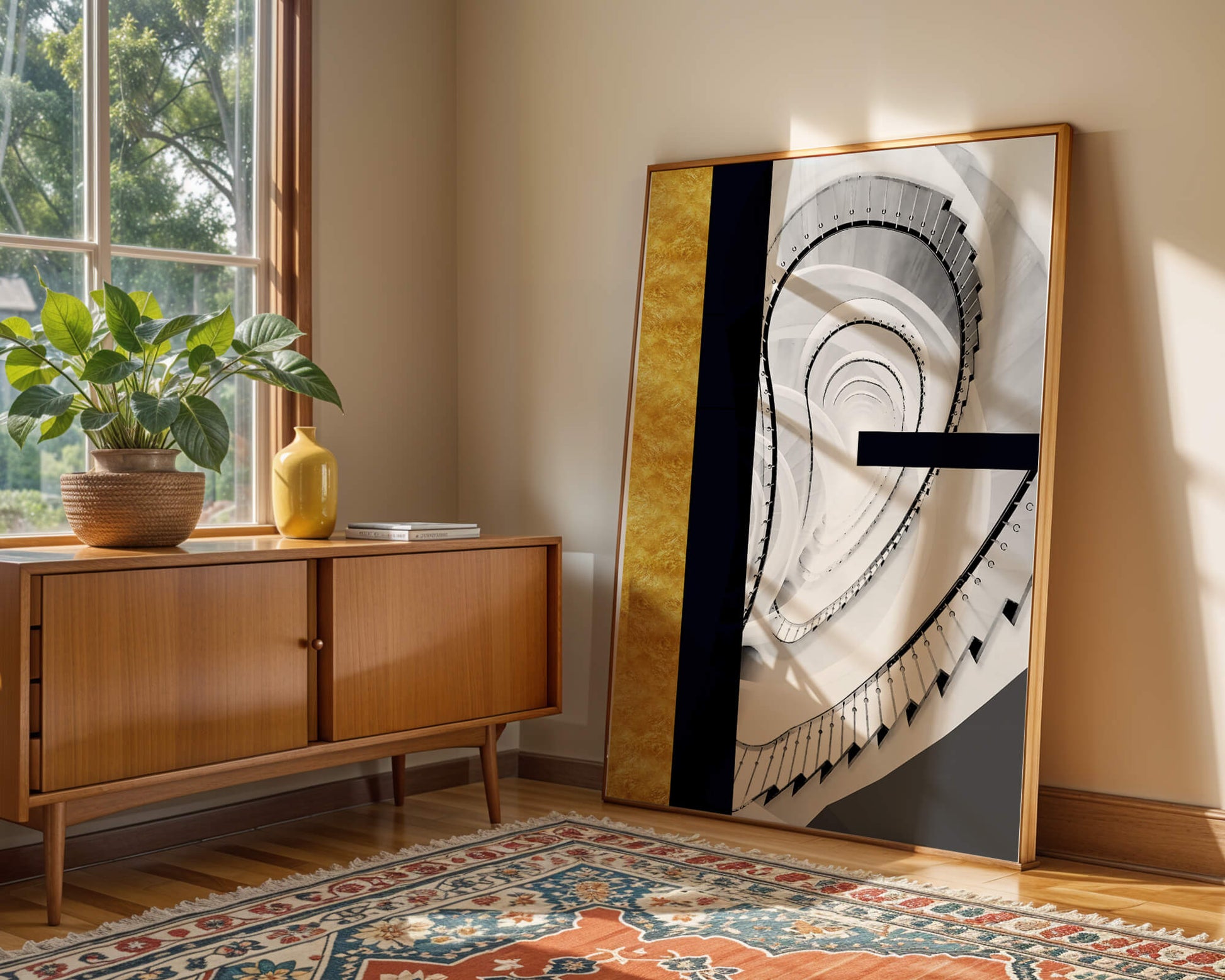 Abstract spiral staircase with a gold accent design