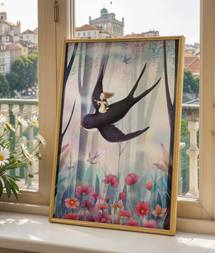 Zauberwald mit Mädchen, das auf einem Vogel zwischen leuchtenden Blumen reitet