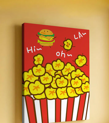 Playful illustration of popcorn and burger characters on a red background