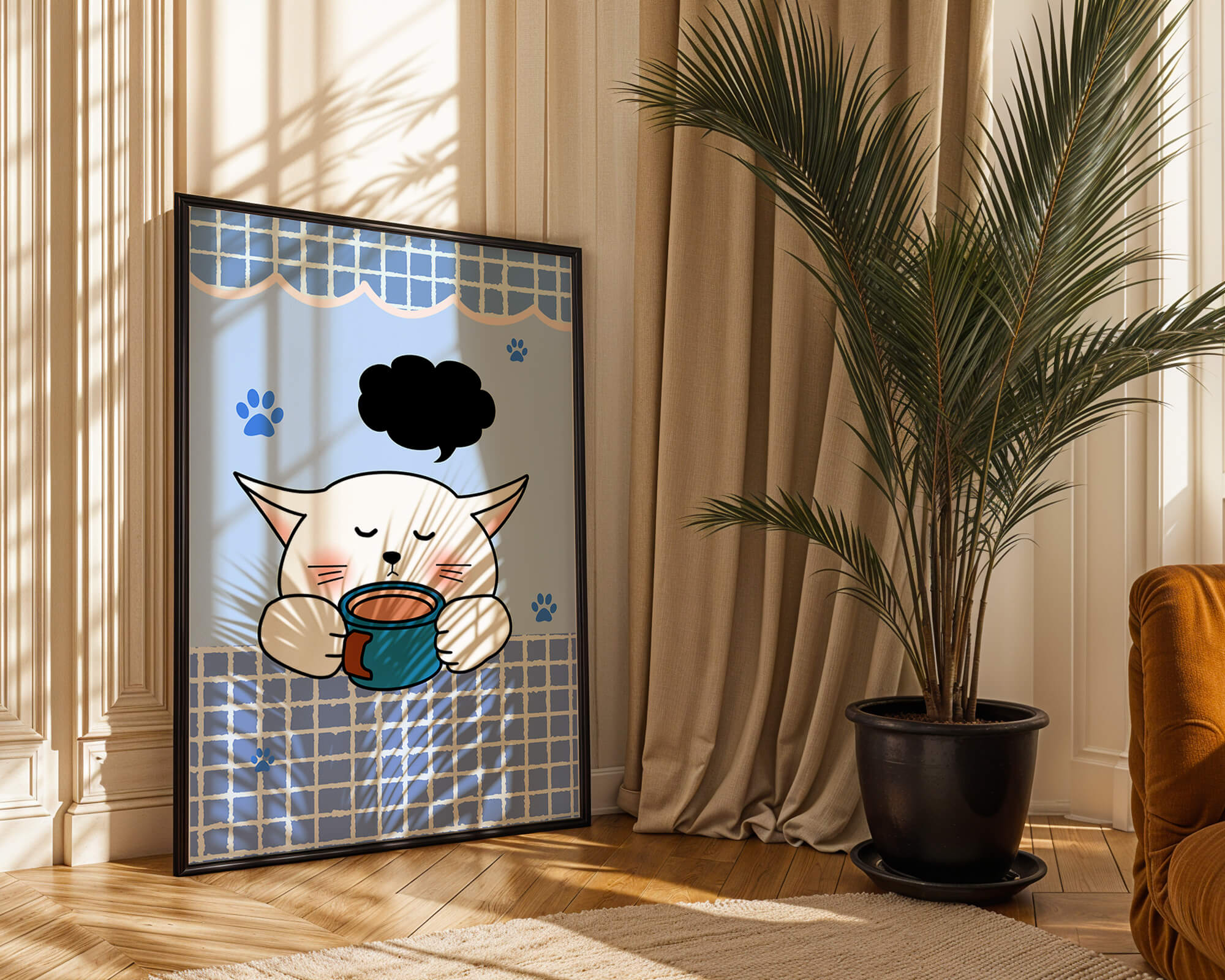 Cute cartoon cat with mug and speech bubble on blue background