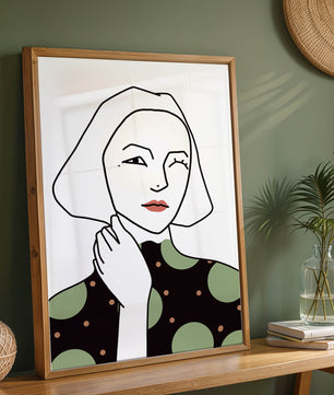 Modern Minimalist Portrait of a Winking Woman in Green Polka Dot Dress - Mi tienda