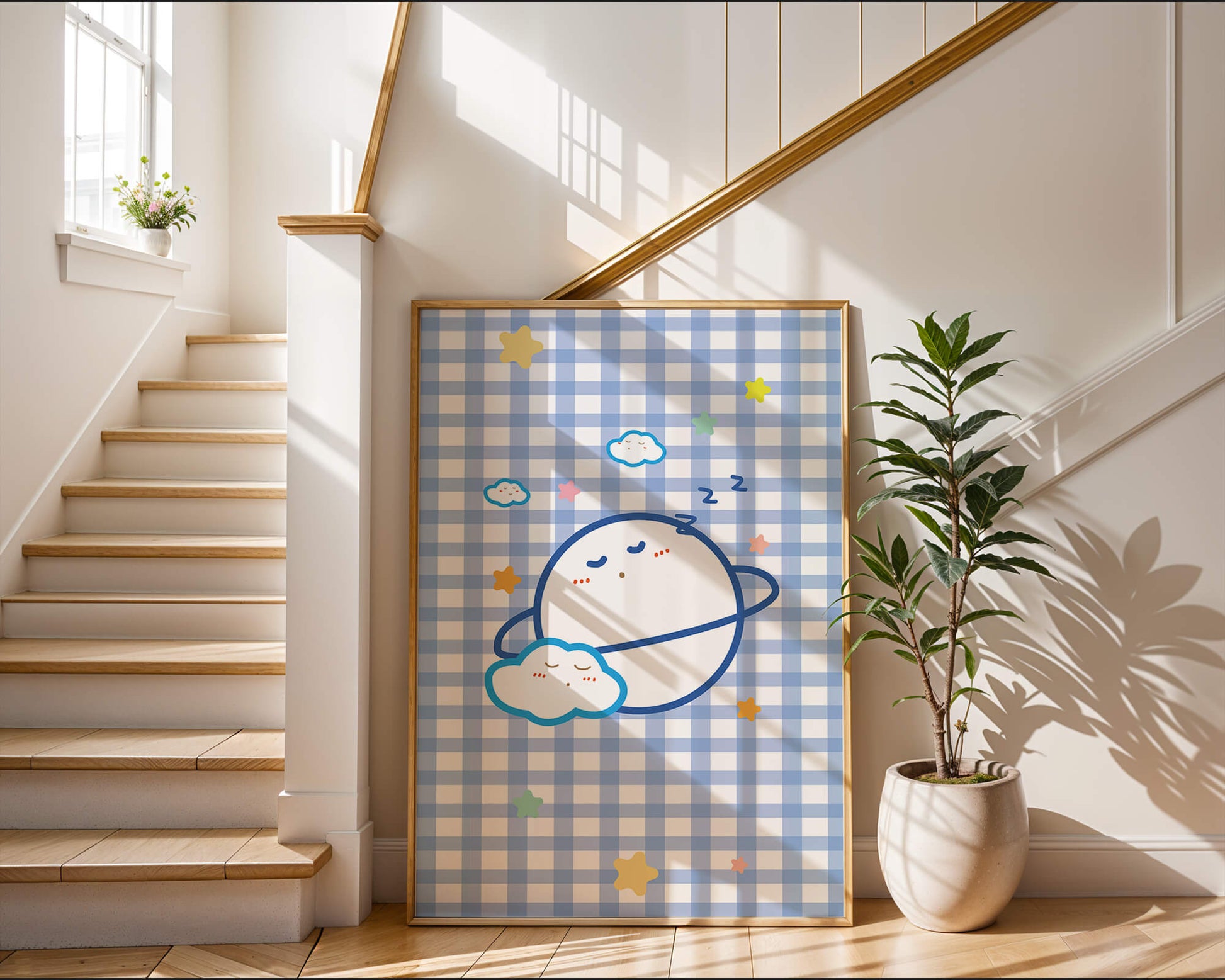 Whimsical sleep theme with planets and clouds on a checkered background