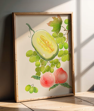 Ilustración de frutas vibrantes que incluye uvas, melón y duraznos