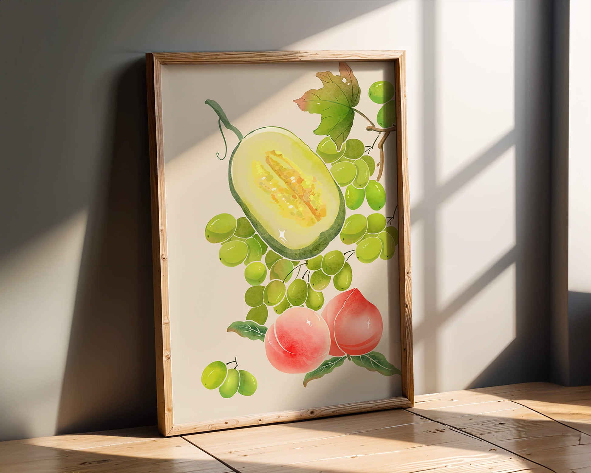 Ilustración de frutas vibrantes que incluye uvas, melón y duraznos