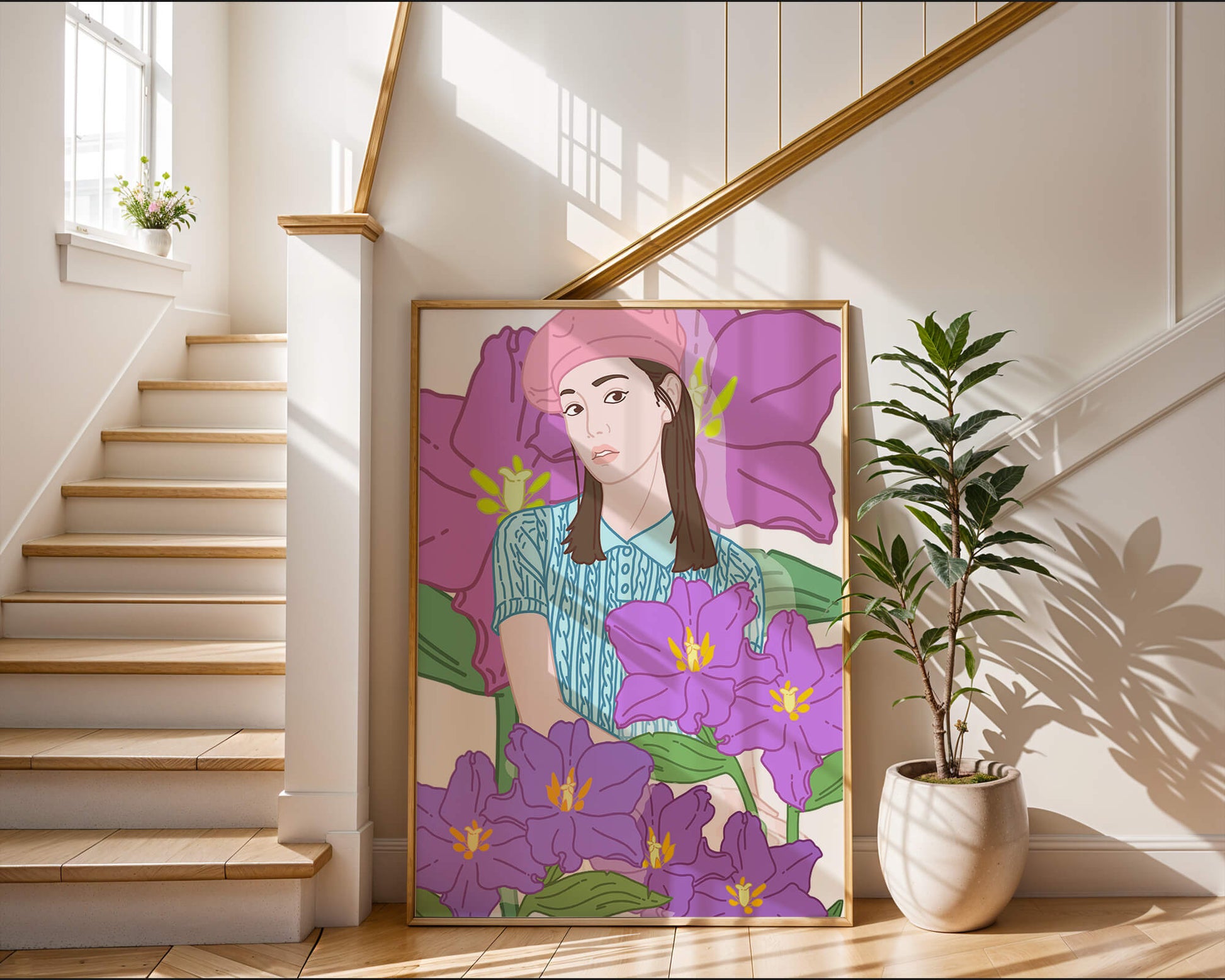 Ilustración de una joven con boina rosa y flores moradas