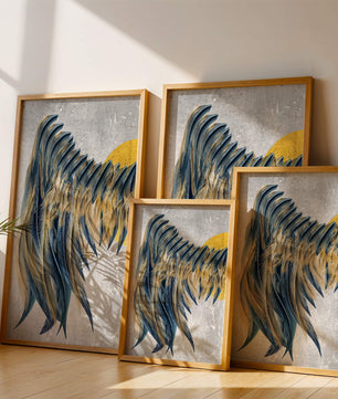 Arte de plumas abstractas con detalles dorados sobre fondo texturizado