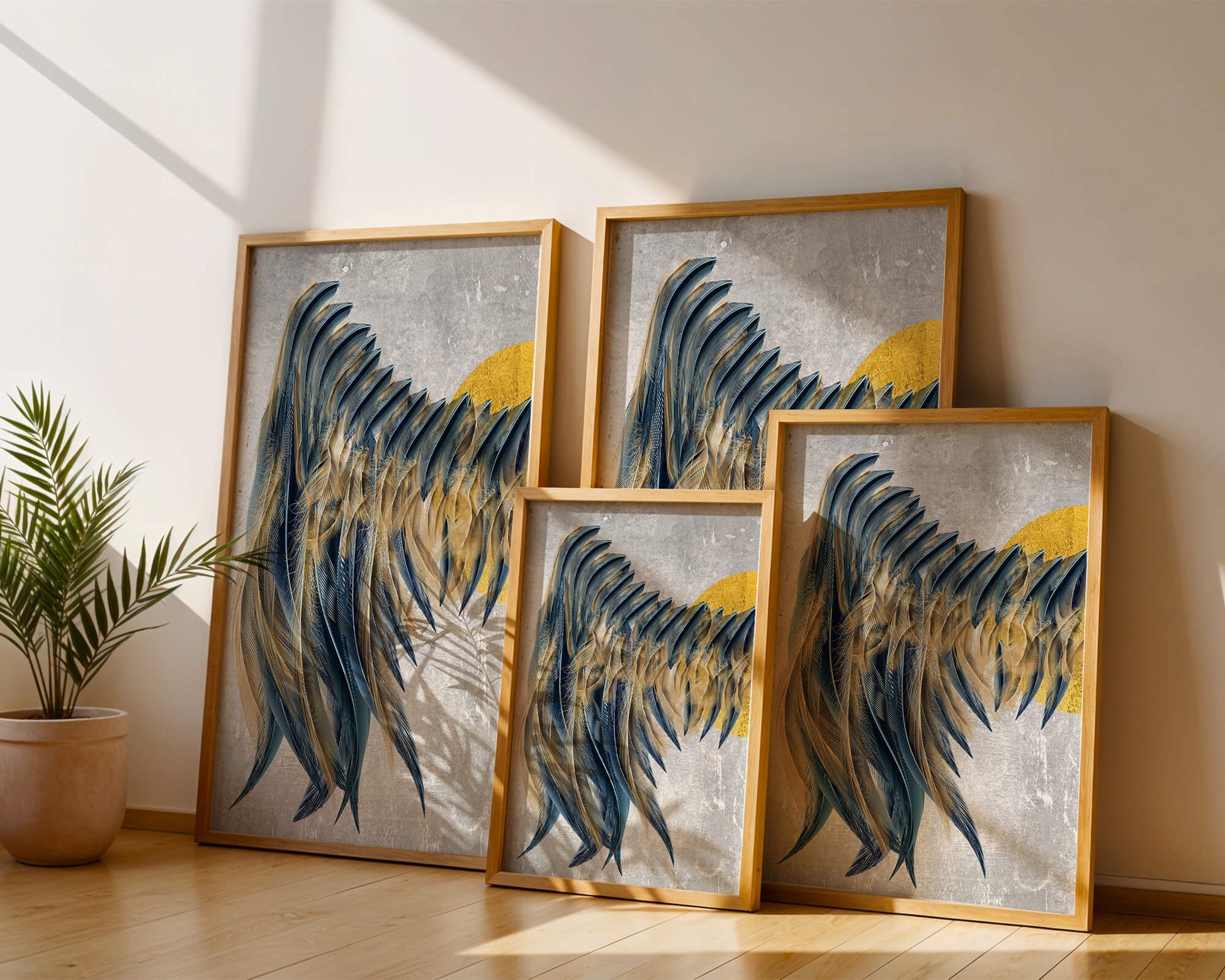 Arte abstracto de plumas con detalles dorados sobre fondo texturizado