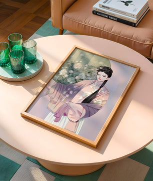 Elegant Asian Woman in Traditional Attire with Floral Background - Mi tienda