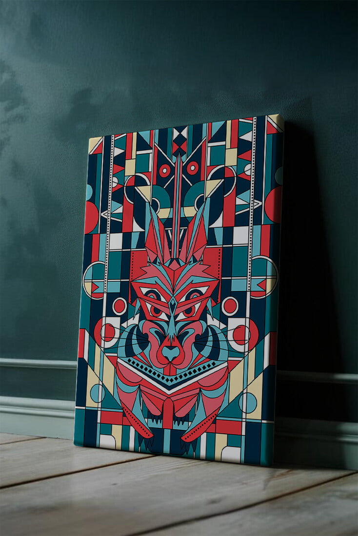 Arte abstracto geométrico de lobo con influencias tribales
