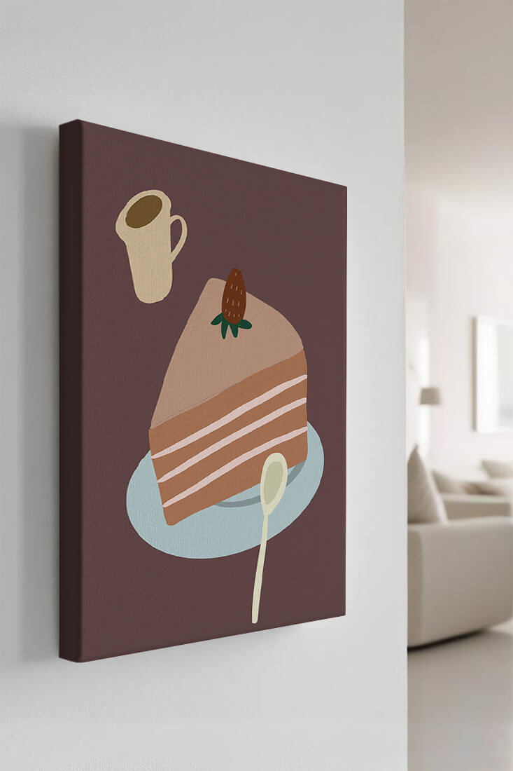 Illustration of a cake slice with strawberry and coffee