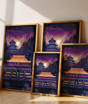 Neon Asian Temple at Sunset in Stylized Landscape