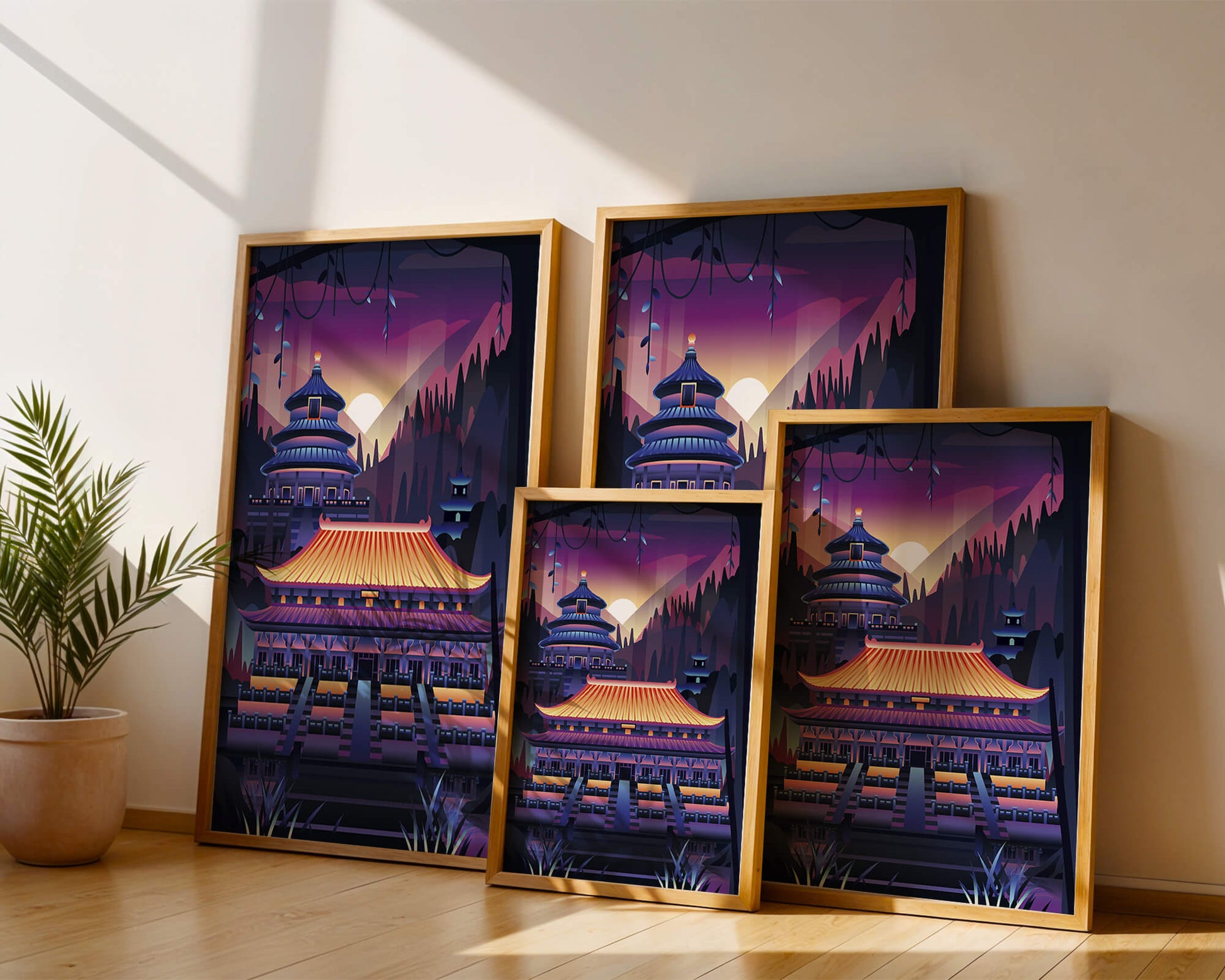 Neon Asian Temple at Sunset in Stylized Landscape