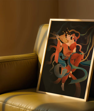 Elegant depiction of a goddess playing a lute with flowing ribbons